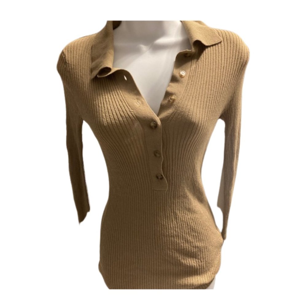H&M Tan Button Long Sleeve Polo Shirt NWT
